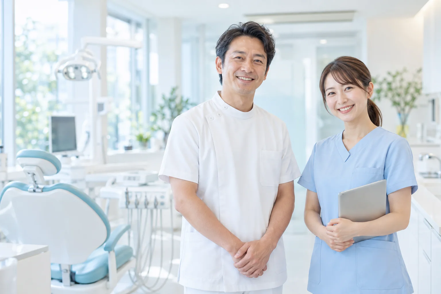 明るい歯科医院に立つ歯科医師と歯科衛生士のイメージ